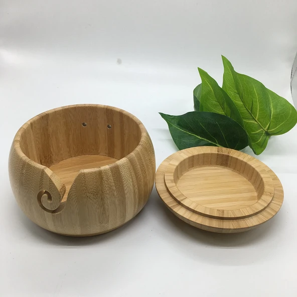 Cuenco de madera para tejer con soporte para hilo de bambú