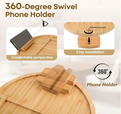 Bamboo Clip-On Sofa Armrest Tray With 360° Phone Holder