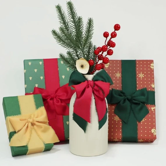 Christmas Gift Wrapping Silk Satin Chiffon Tree Ribbon