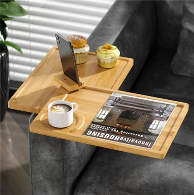 Bandeja de mesa del reposabrazos de sofá de bambú giratoria